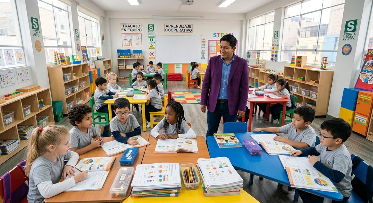 Docente acompaña a sus estudiantes mientras trabajan en equipos cooperativos