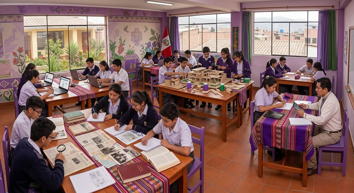 Estudiantes investigan, crean y trabajan en equipo mientras el docente acompaña