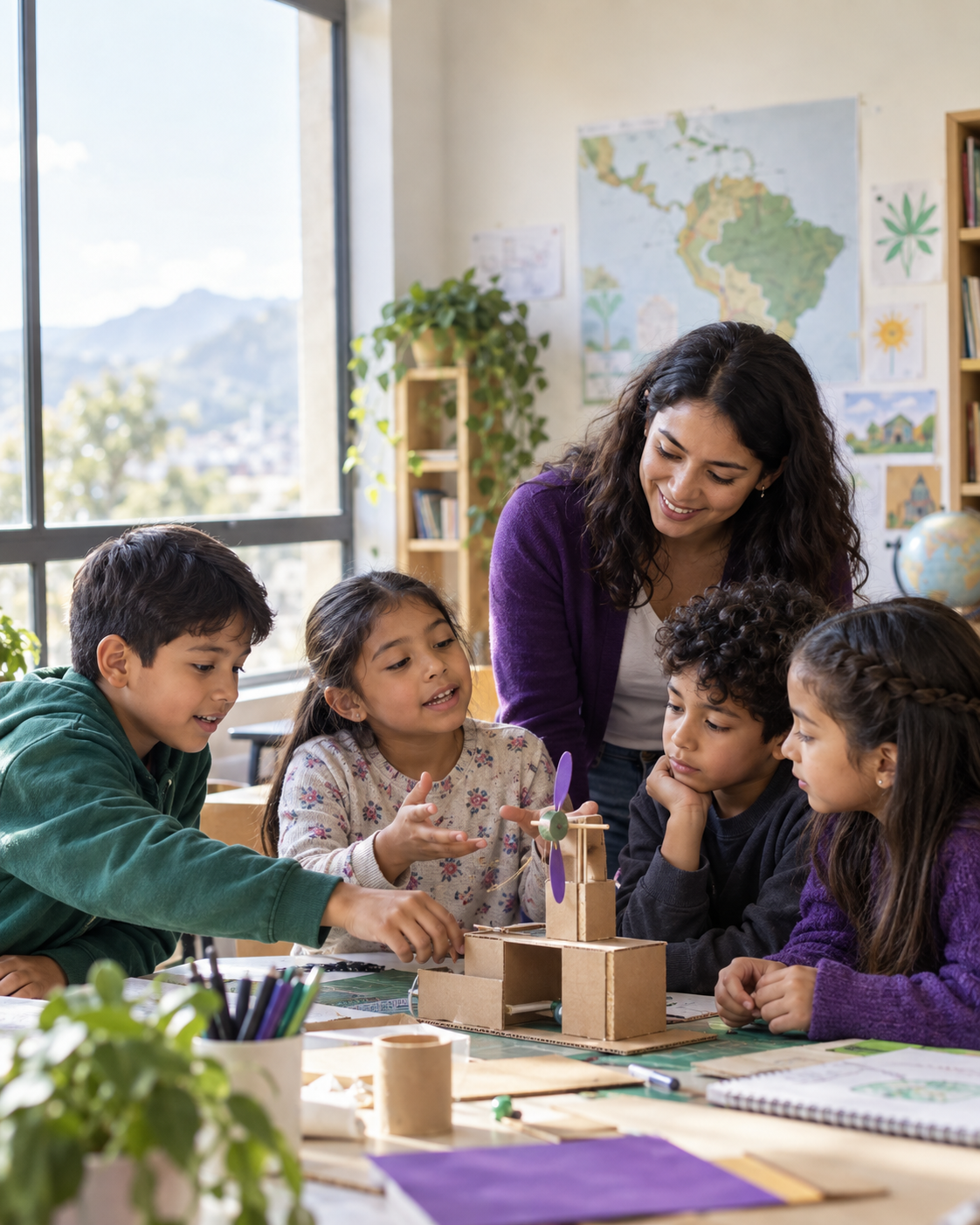 Docente y estudiantes construyen juntos un prototipo en el aula
