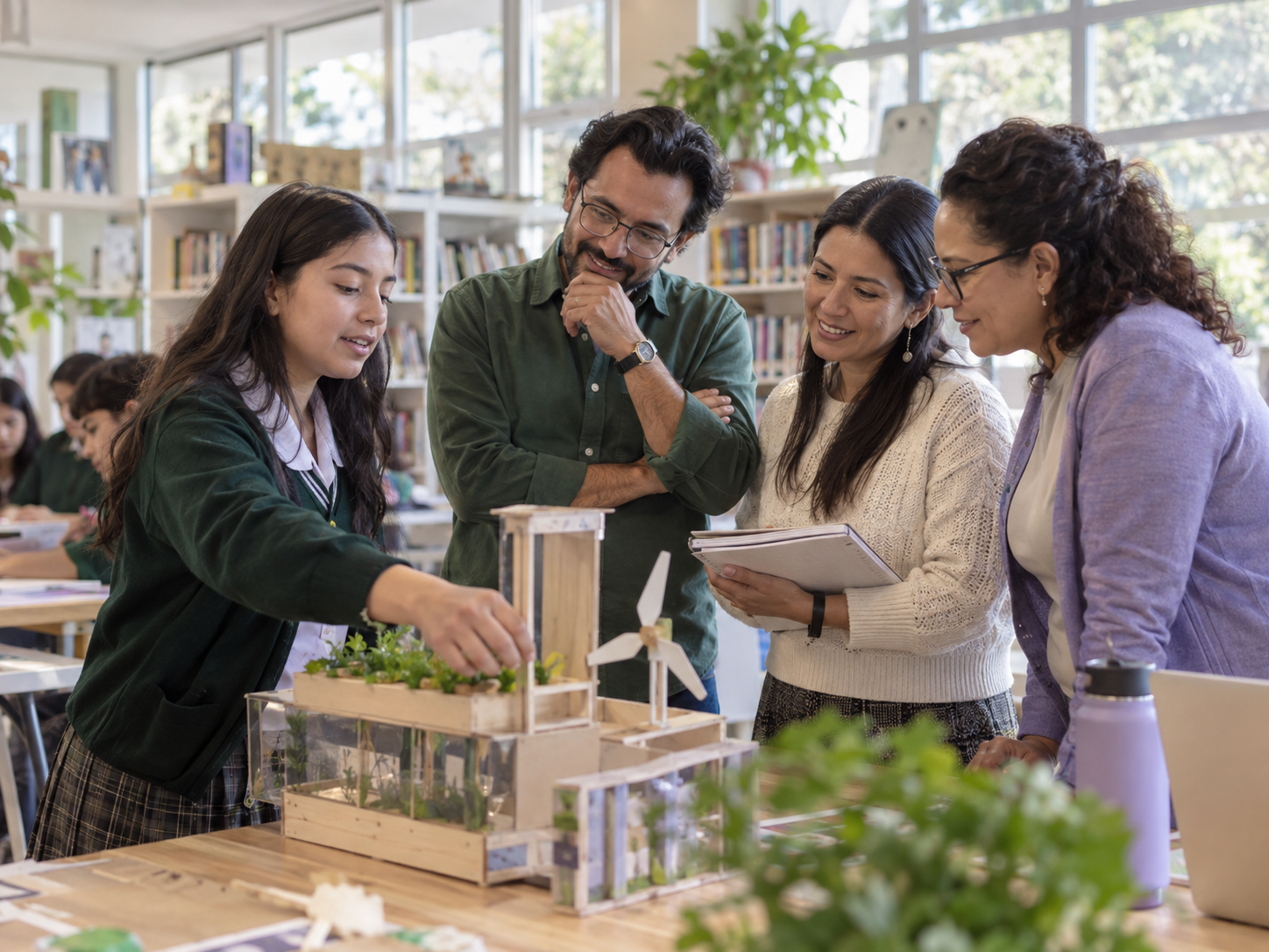 Estudiante y educadores observan un prototipo en la biblioteca escolar